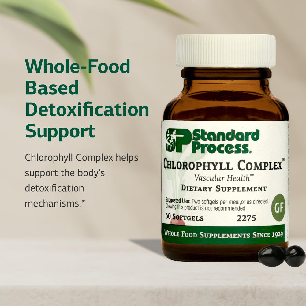 Chlorophyll Complex label close-up highlighting whole-food ingredients and gluten-free badge