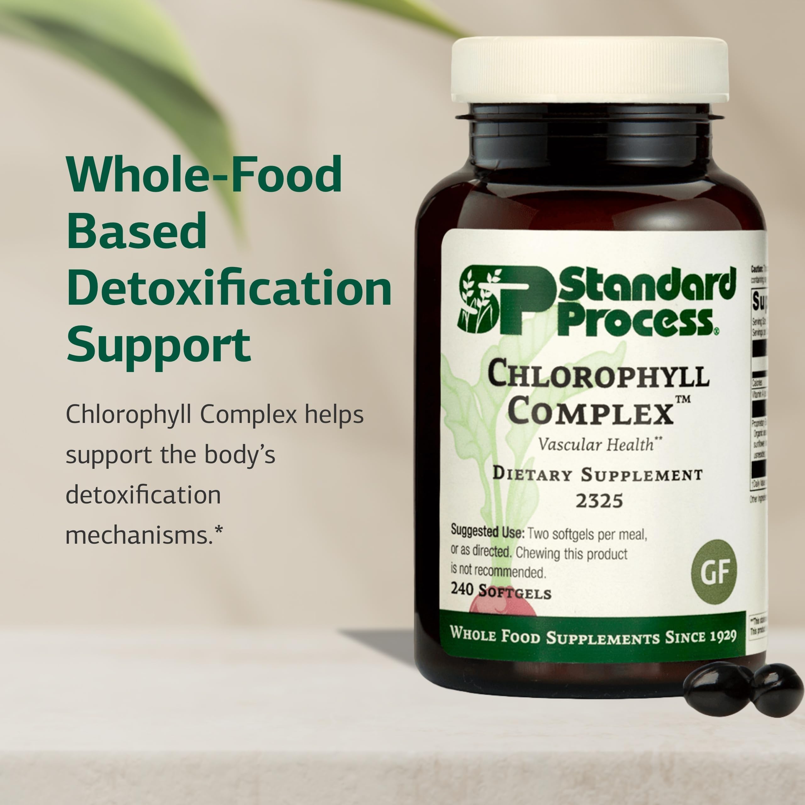 Chlorophyll Complex label showing gluten-free, non-dairy, non-soy certification
