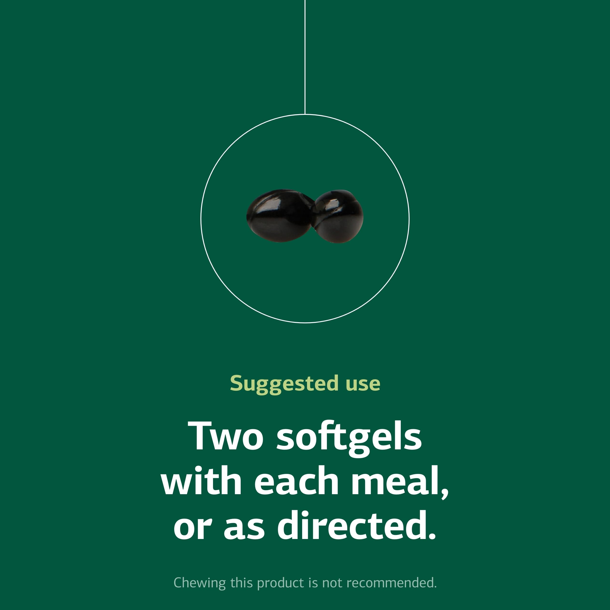 Two-softgel serving close-up indicating recommended meal usage