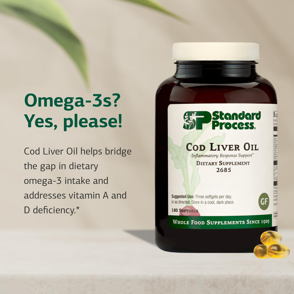 Standard Process Cod Liver Oil label highlights gluten-free, non-dairy, non-soy formulation.
