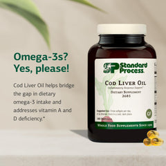 Standard Process Cod Liver Oil label highlights gluten-free, non-dairy, non-soy formulation.