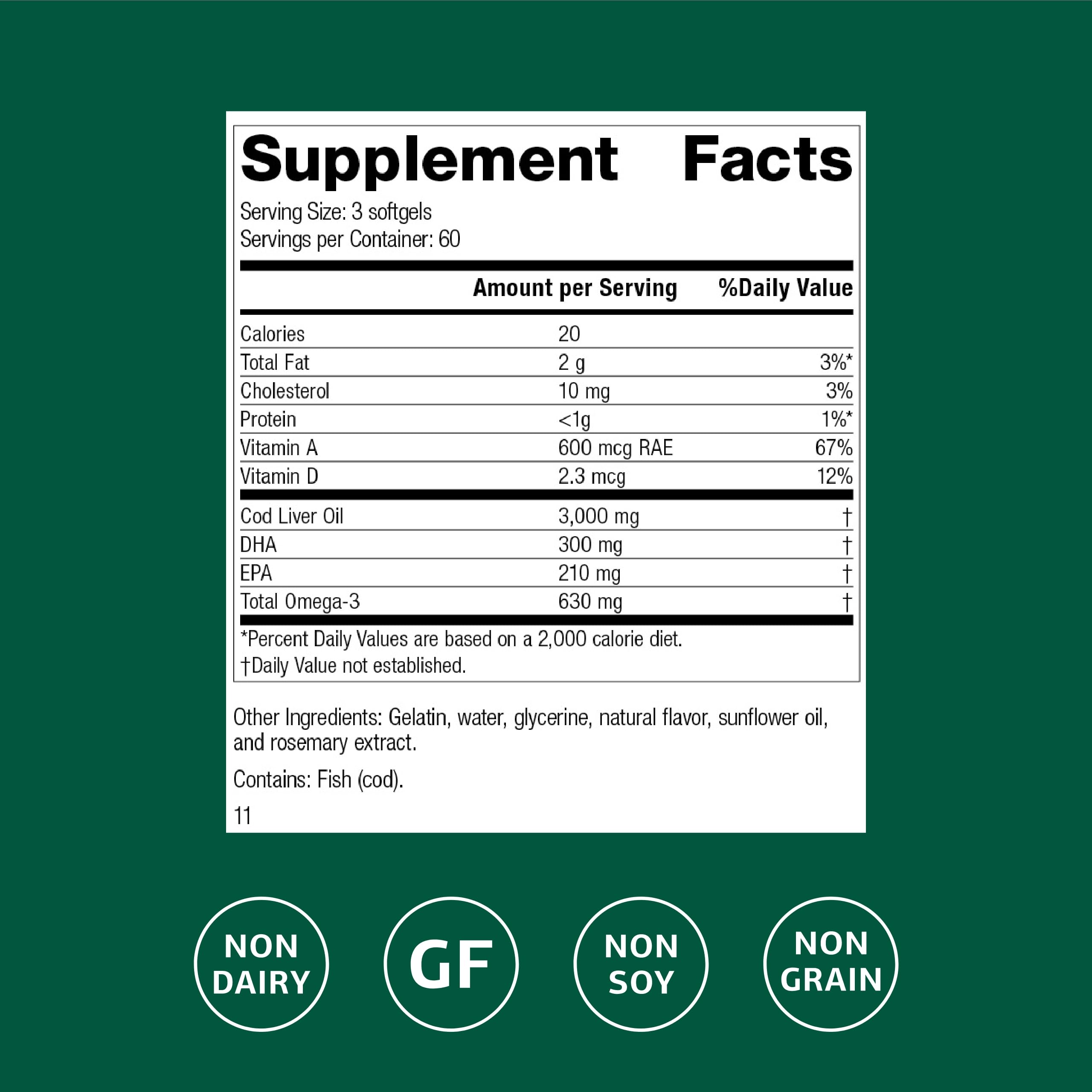 Standard Process Cod Liver Oil softgels close-up emphasizes DHA for eye comfort.