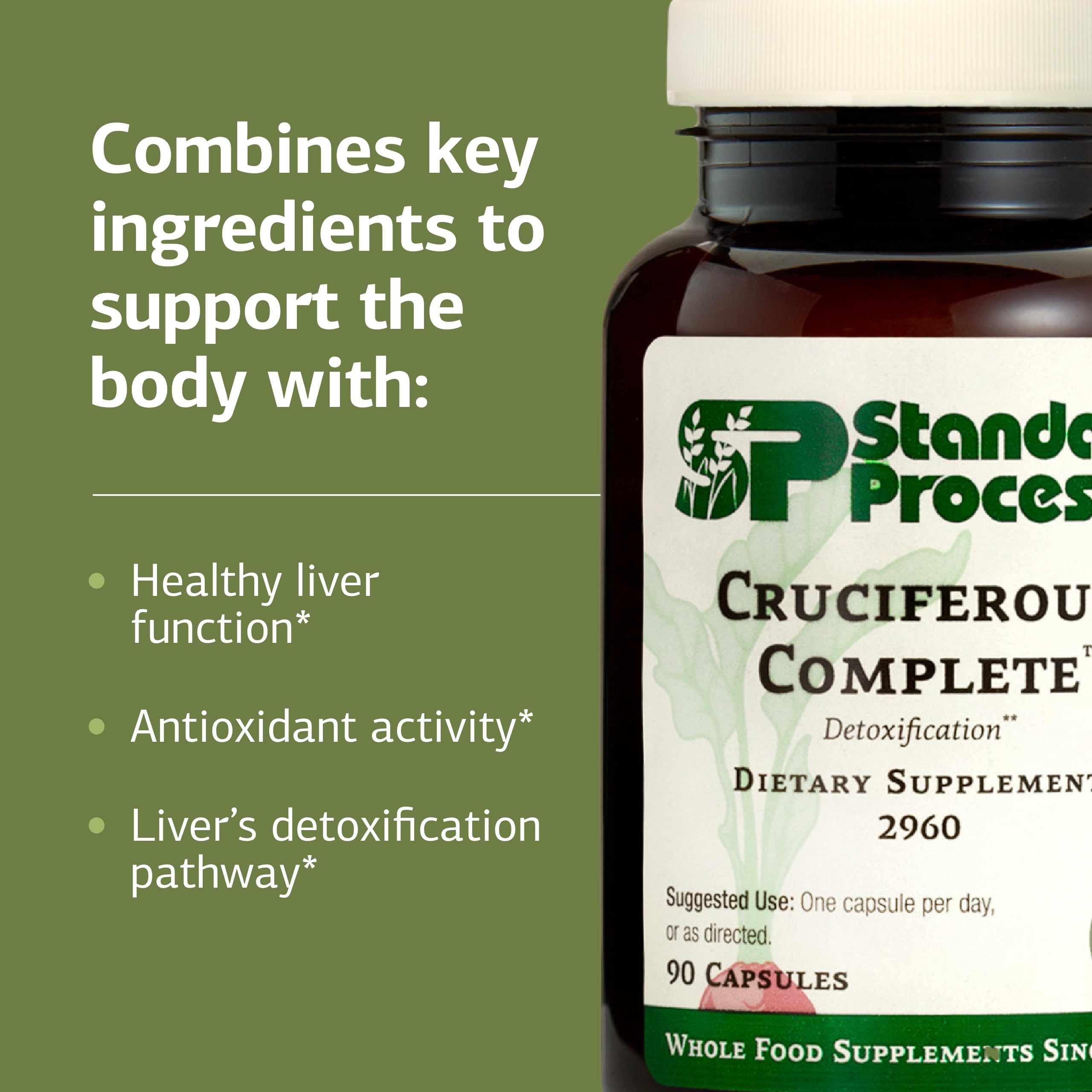 Standard Process Cruciferous Complete bottle with kale and sprouts imagery.