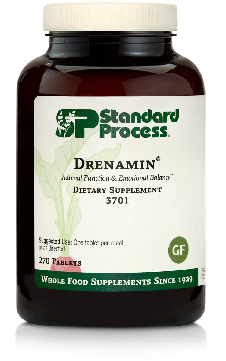 Standard Process Drenamin bottle label close-up for adrenal support.