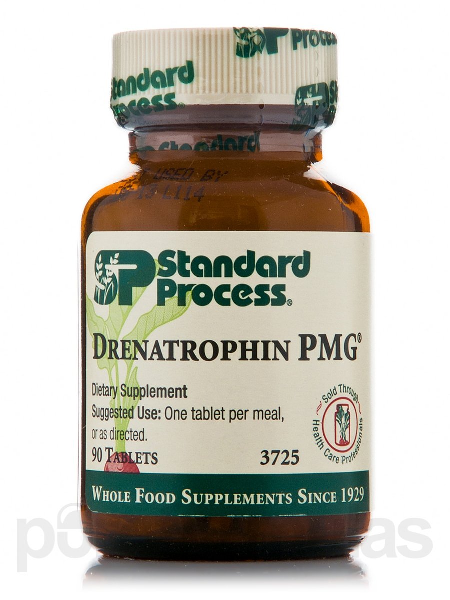 Standard Process Drenatrophin PMG 90 tabs bottle shows adrenal support potential for daily fatigue management.