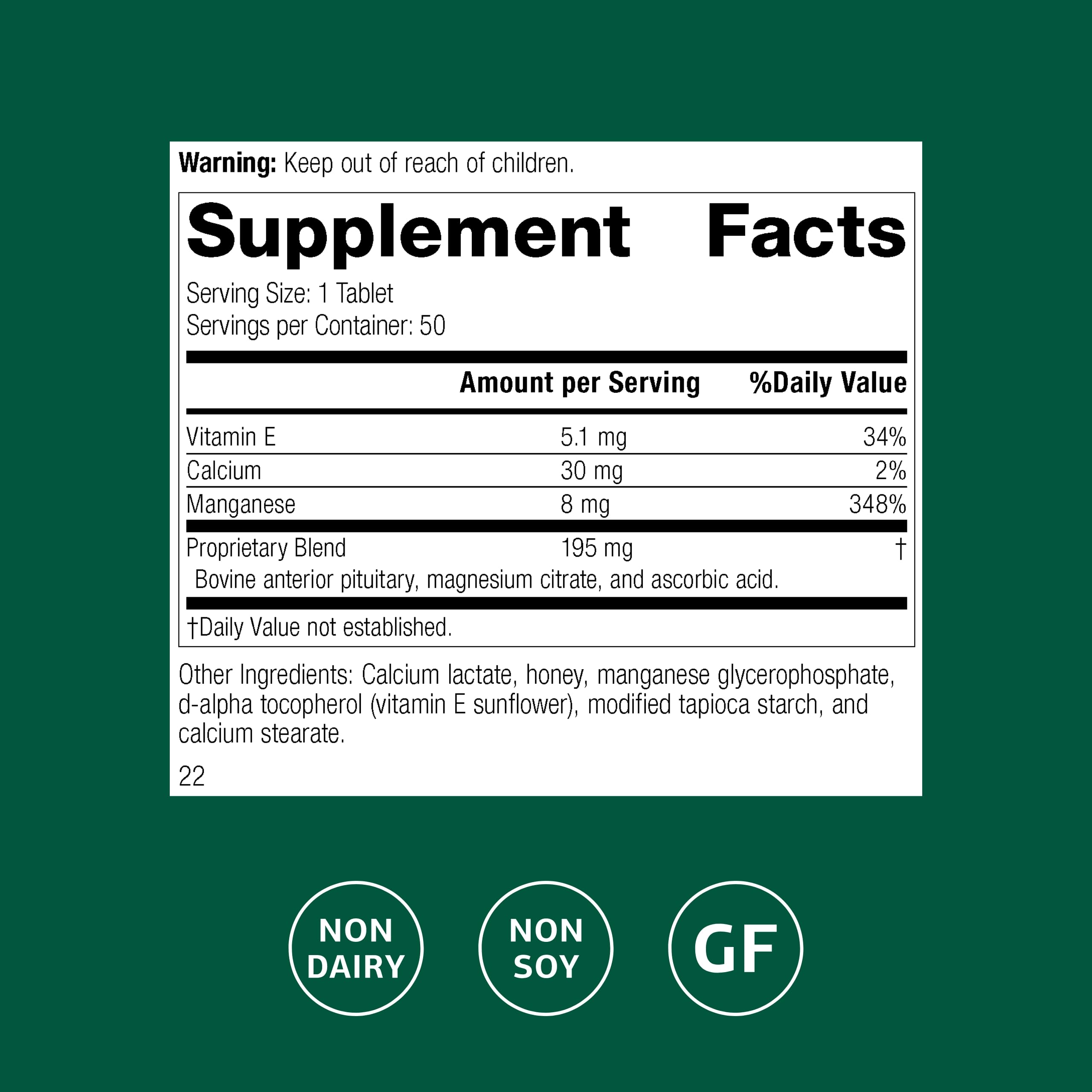 Standard Process E-Manganese label close-up shows vitamin E and manganese.