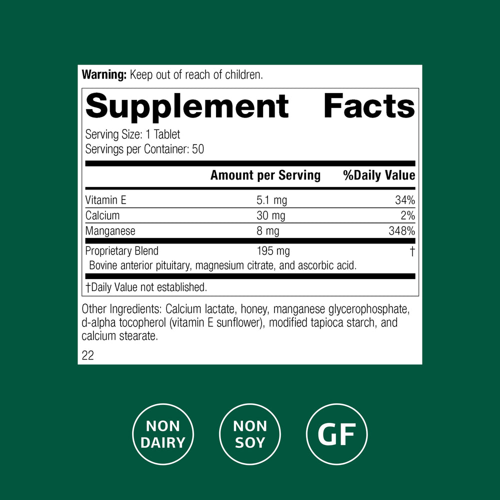 Standard Process E-Manganese label close-up shows vitamin E and manganese.