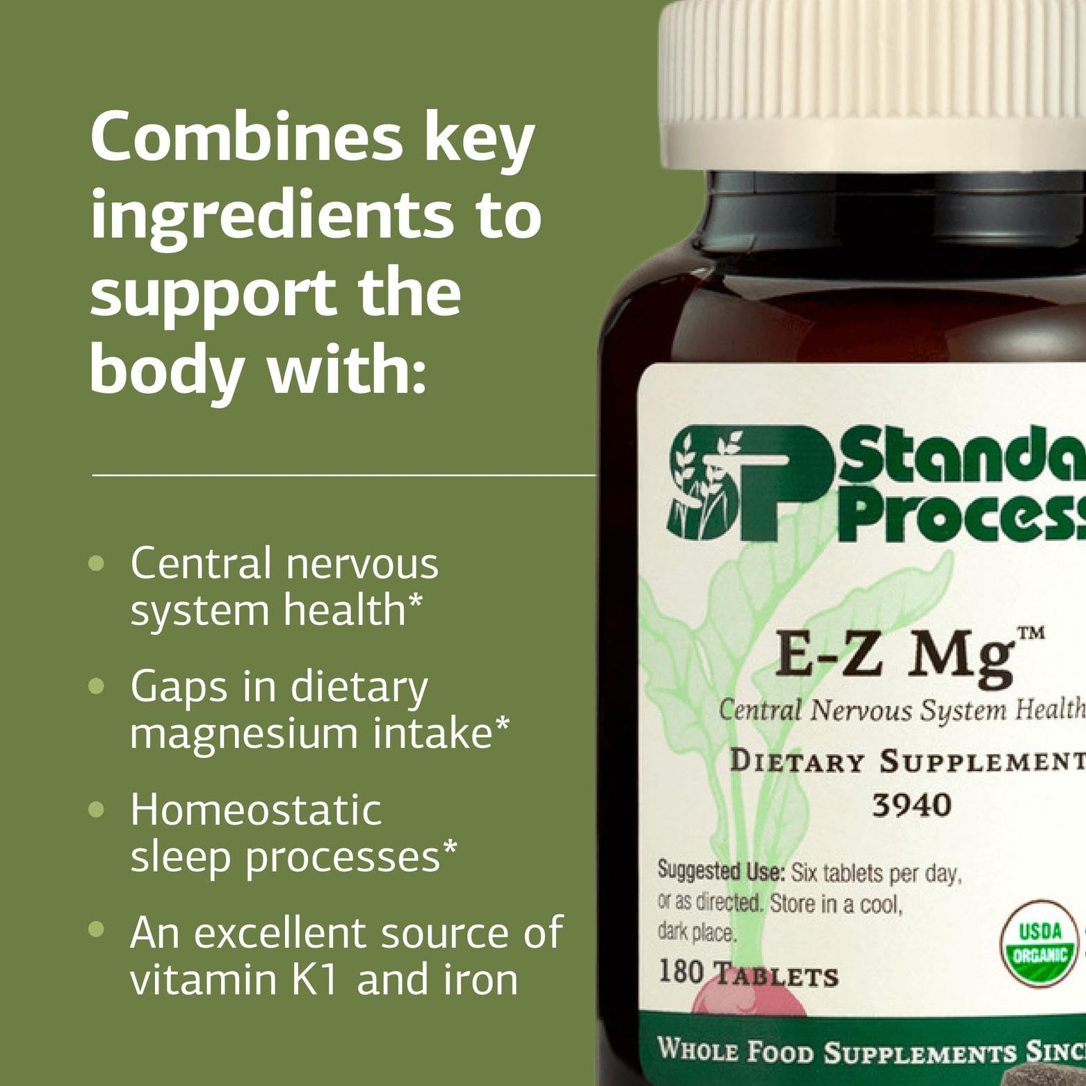 E-Z Mg nutrition panel highlighting iron and vitamin K1.