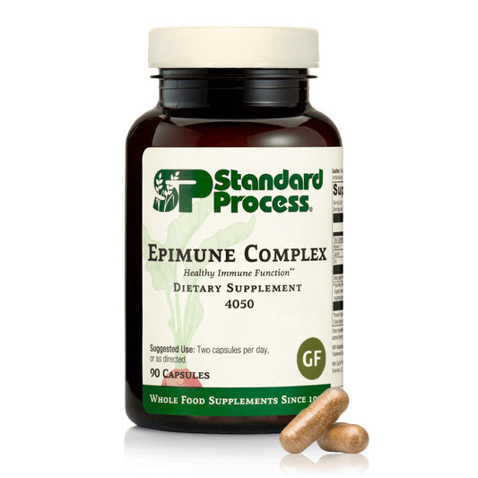 Standard Process Epimune Complex bottle-front with vegan capsules for immune support