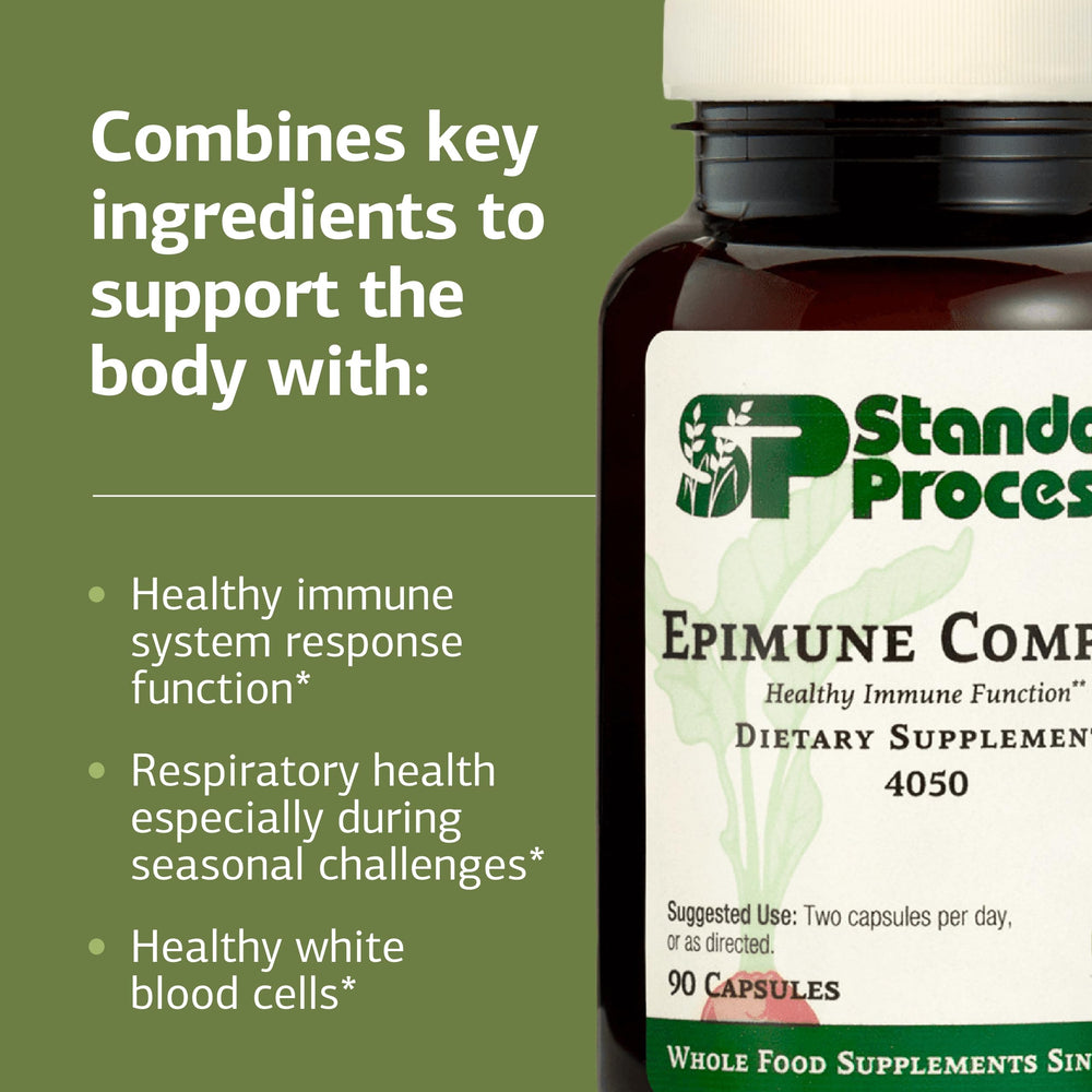 Epimune Complex bottle with glass illustrating daily immune support routine