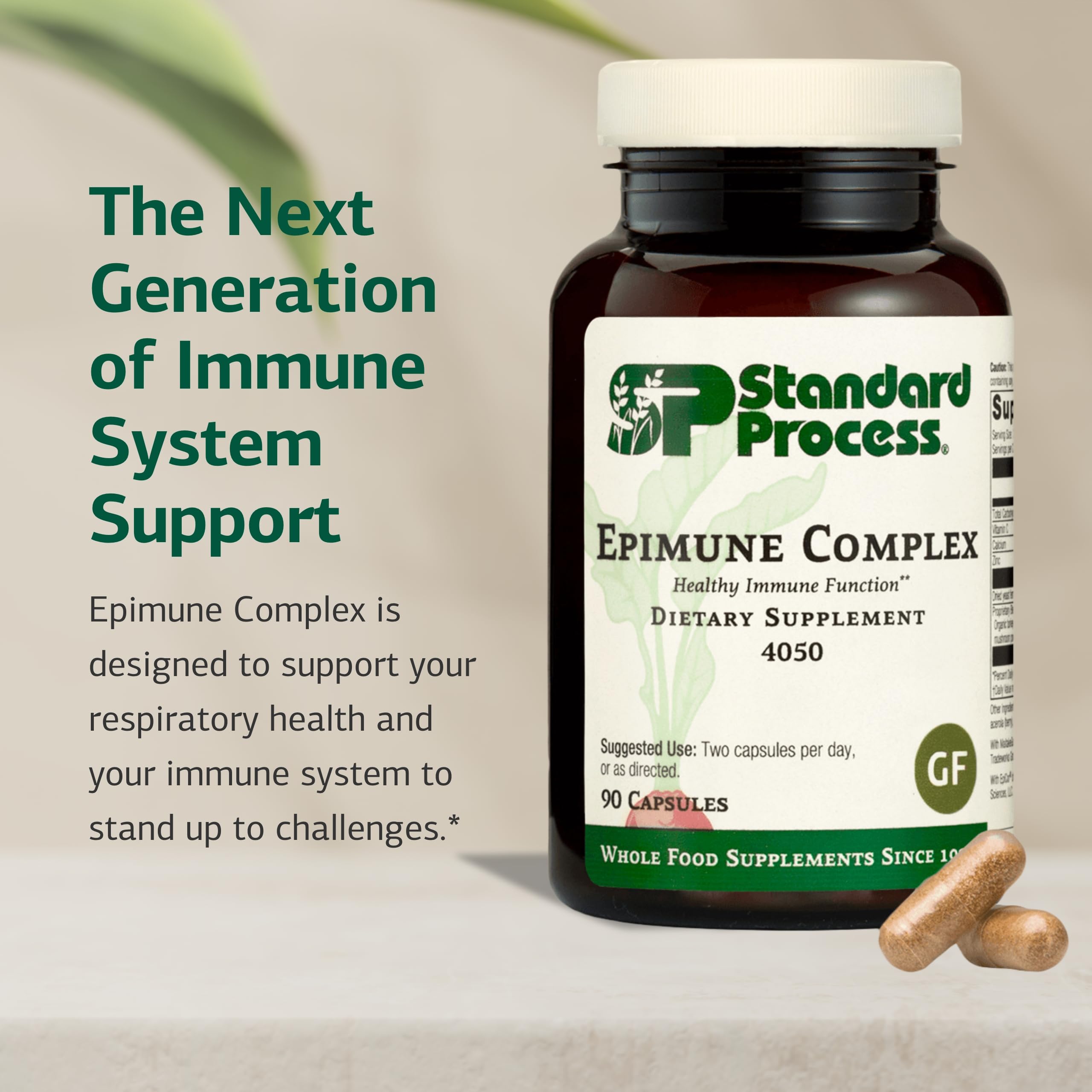 Standard Process Epimune Complex label detail emphasizing vegan and gluten-free formulation