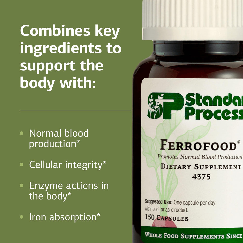 Ferrofood bottle with green label detail highlighting whole‑food vitamins.