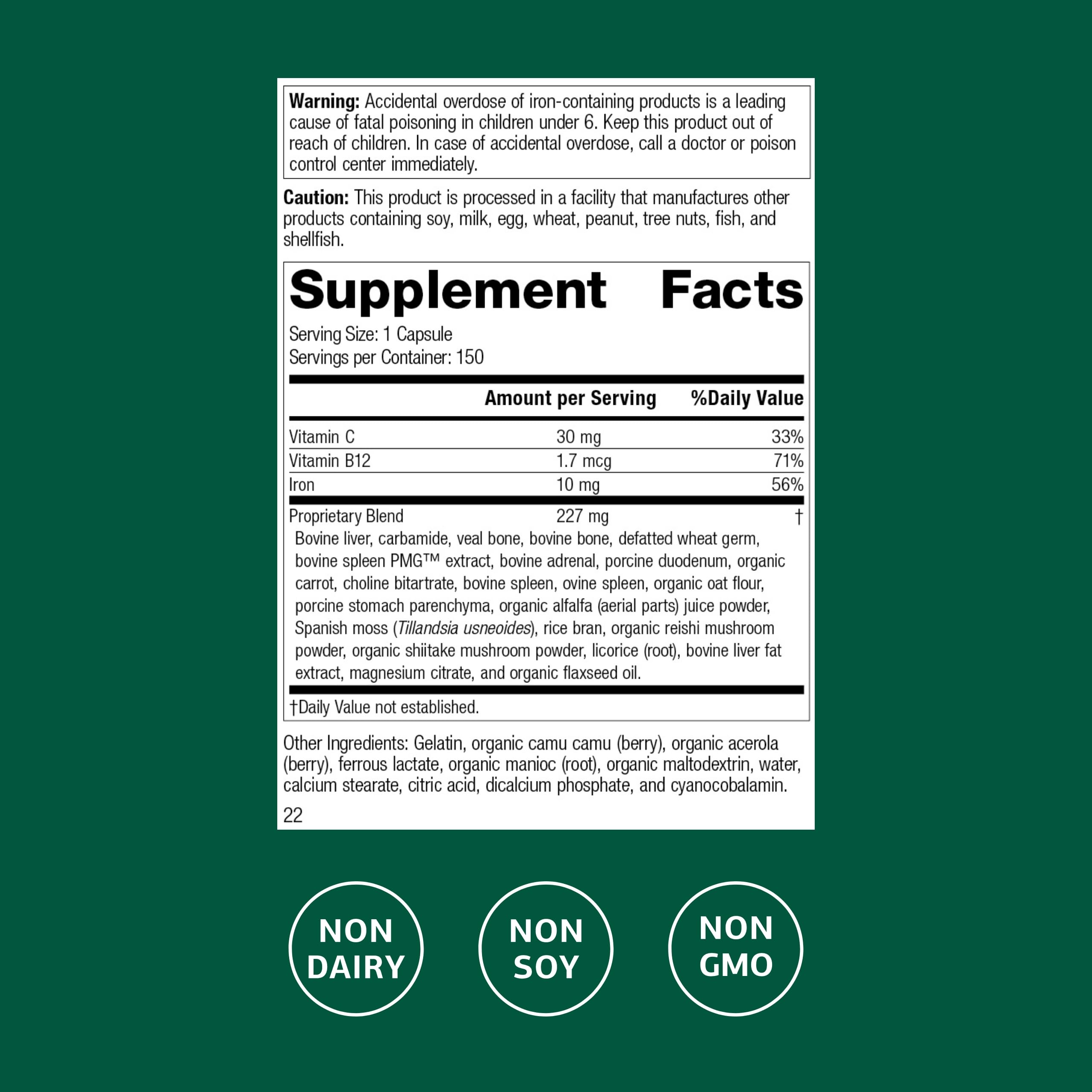 Ferrofood capsules close-up showing iron and B12 for healthy hemoglobin support.