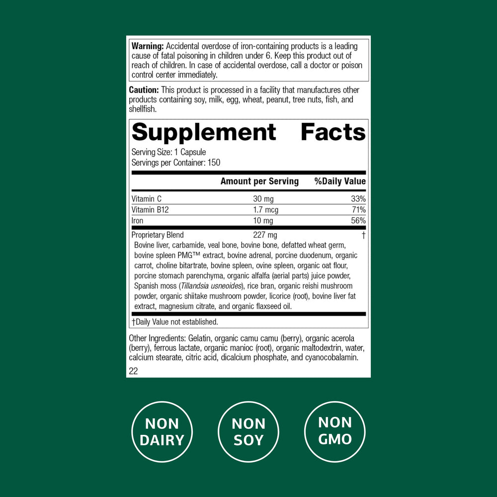 Ferrofood capsules close-up showing iron and B12 for healthy hemoglobin support.