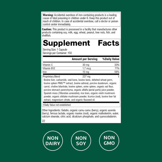 Ferrofood capsules close-up showing iron and B12 for healthy hemoglobin support.