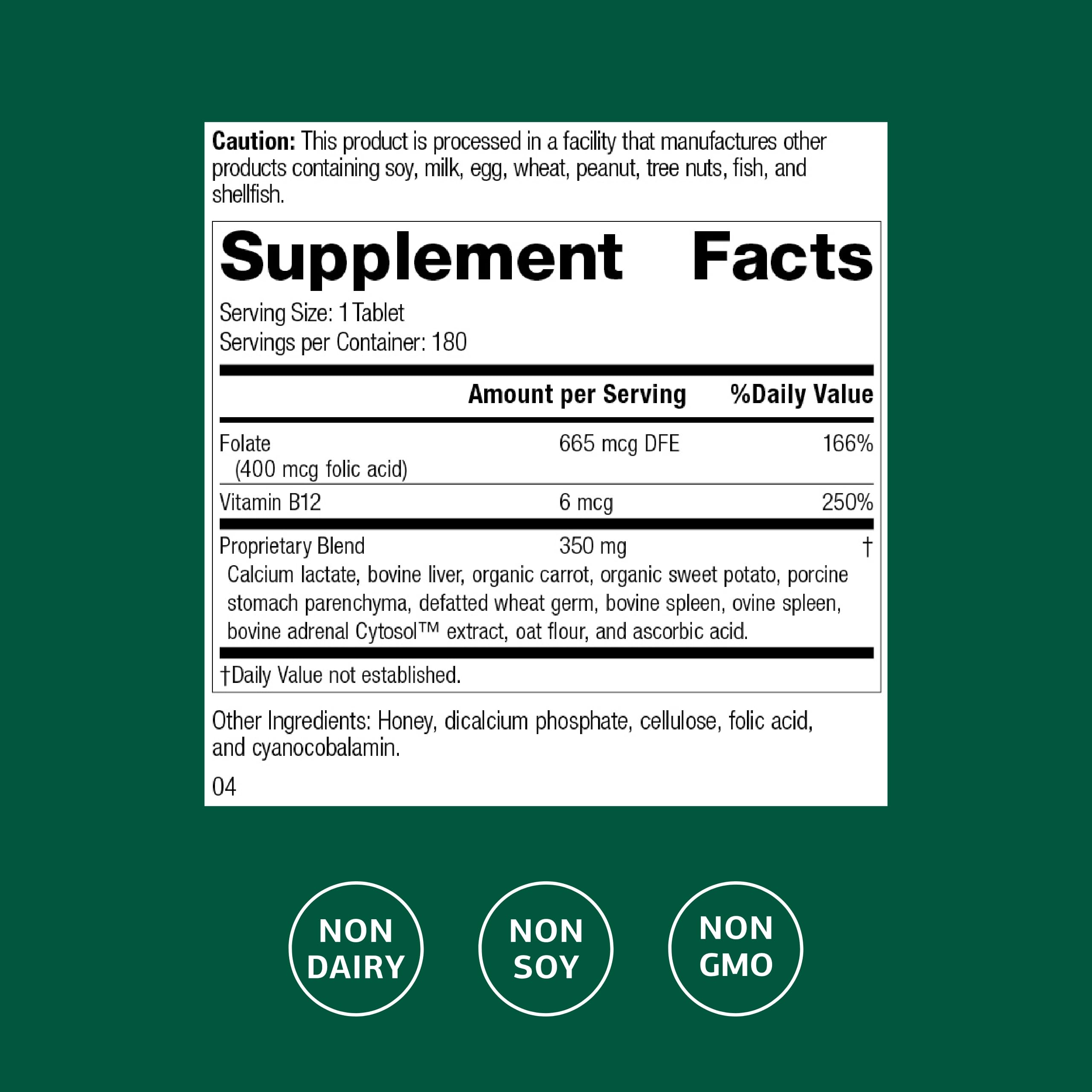 Standard Process Folic Acid B12-180 label close-up showing vitamin details for circulation.