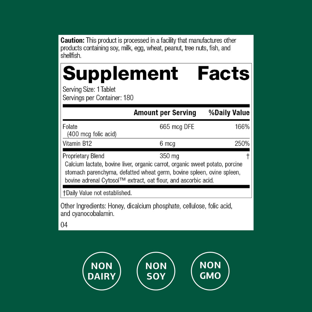 Standard Process Folic Acid B12-180 label close-up showing vitamin details for circulation.