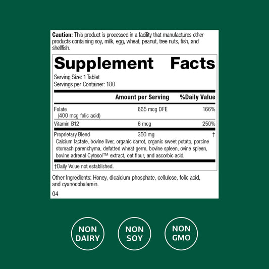Standard Process Folic Acid B12-180 label close-up showing vitamin details for circulation.