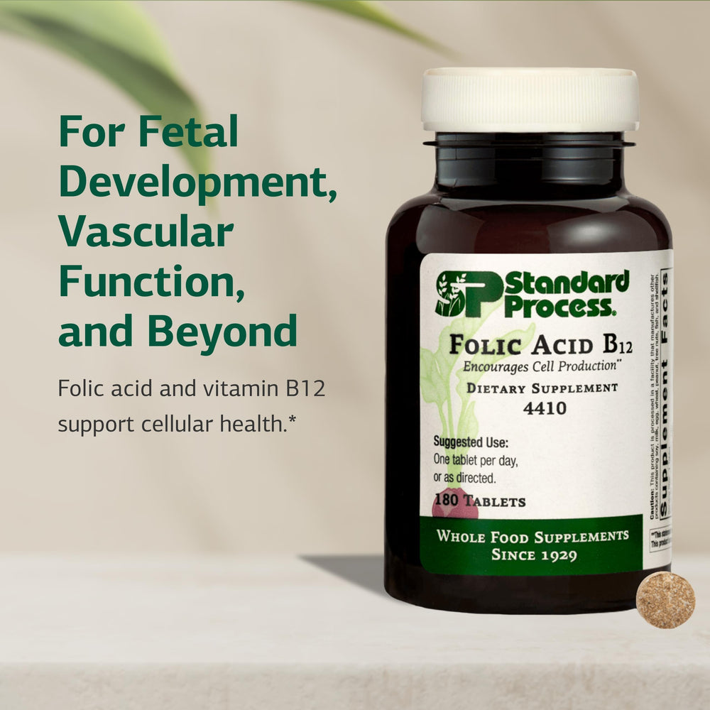 Standard Process Folic Acid B12-180 packaging visible for easy daily intake reference.