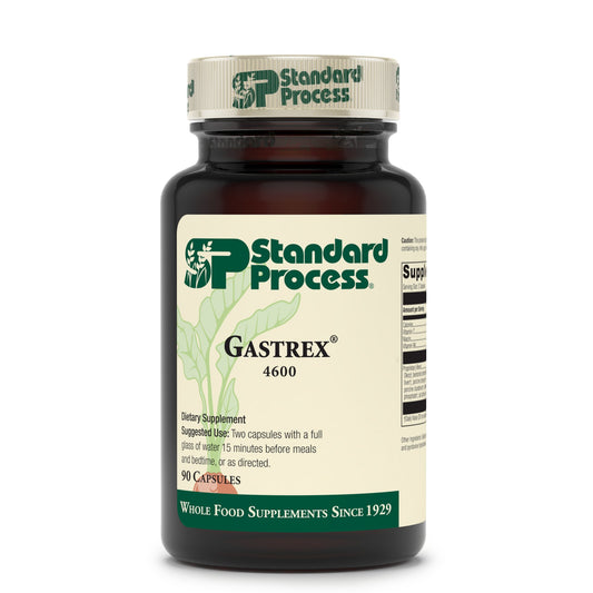 Gastrex capsule close-up shows capsules and nutrient support for digestion