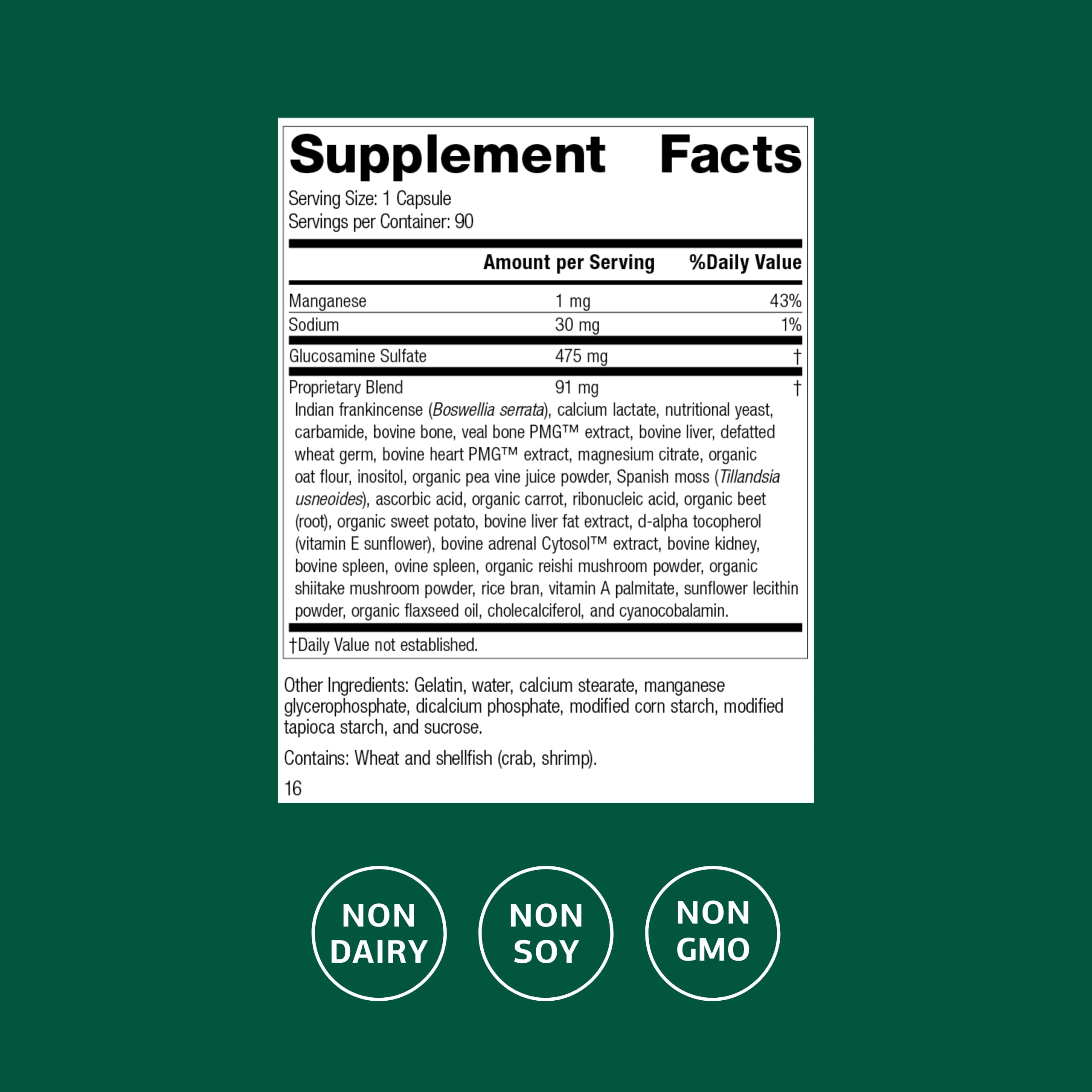 Glucosamine, boswellia, and manganese ingredients close-up for joint support.