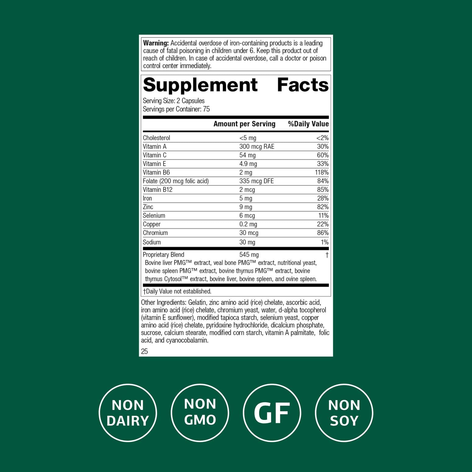 Standard Process Immuplex bottle back label with ingredients