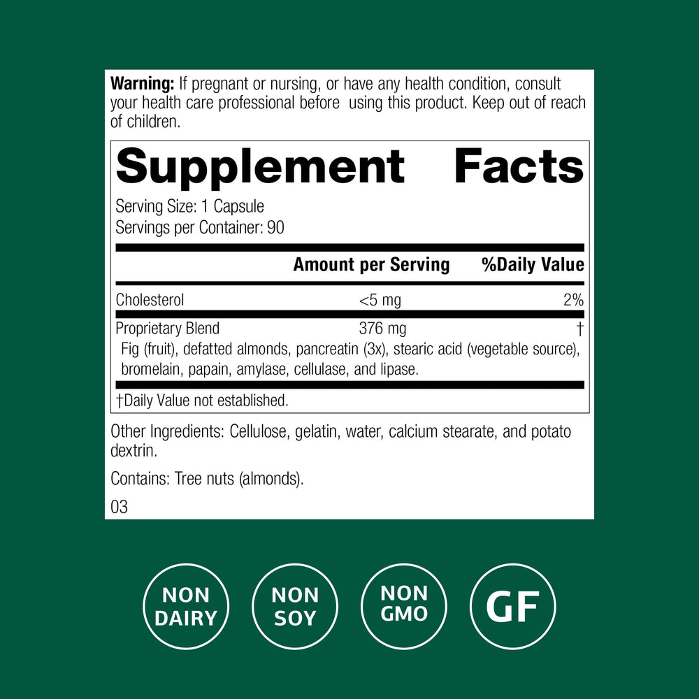 Standard Process Multizyme bottle nutrition facts highlight enzyme blend for protein, carb, fat digestion.