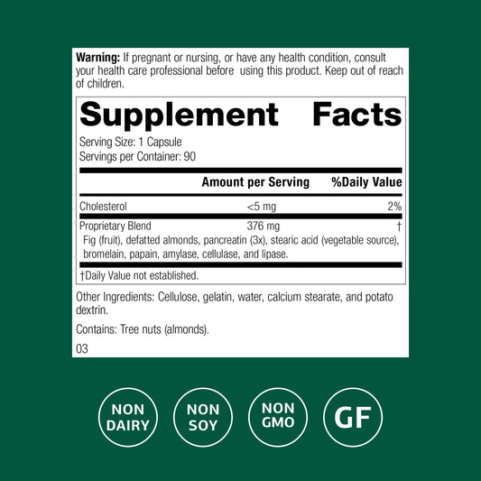 Standard Process Multizyme bottle nutrition facts highlight enzyme blend for protein, carb, fat digestion.