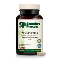 Standard Process Multizyme bottle pour supports everyday digestion with a multi-enzyme blend.