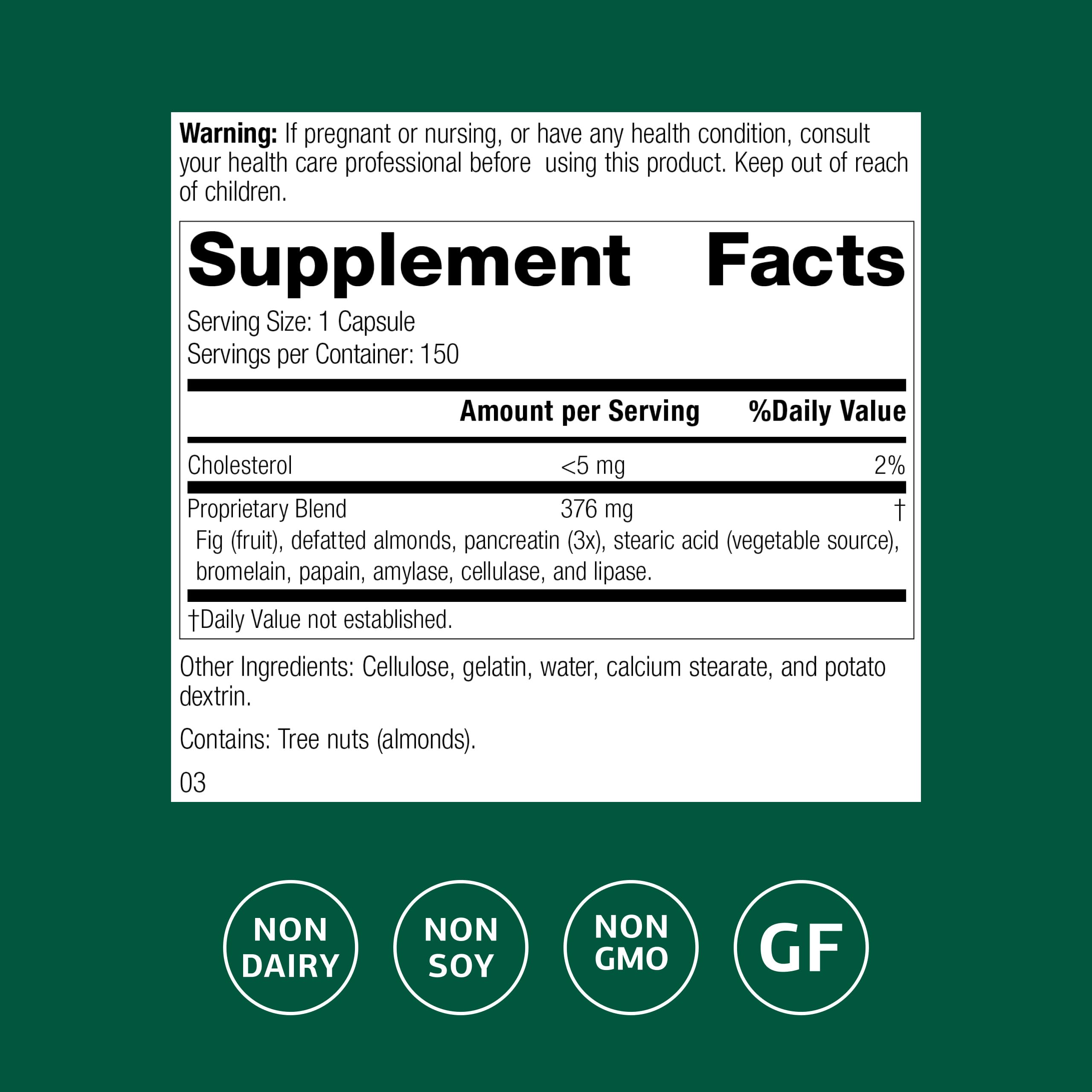 Standard Process Multizyme capsules close-up shows bromelain, amylase, and lipase.