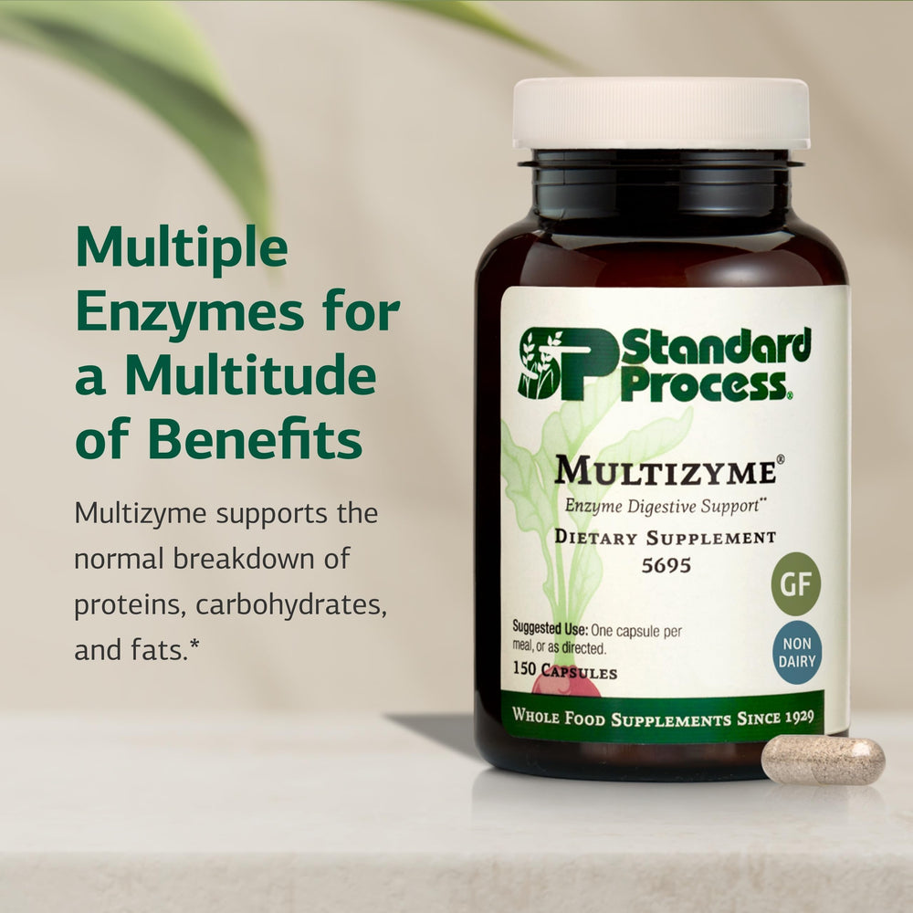 Standard Process Multizyme label view highlighting gluten-free, non-dairy, and non-soy attributes.