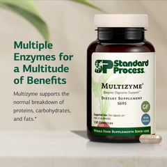 Standard Process Multizyme label view highlighting gluten-free, non-dairy, and non-soy attributes.