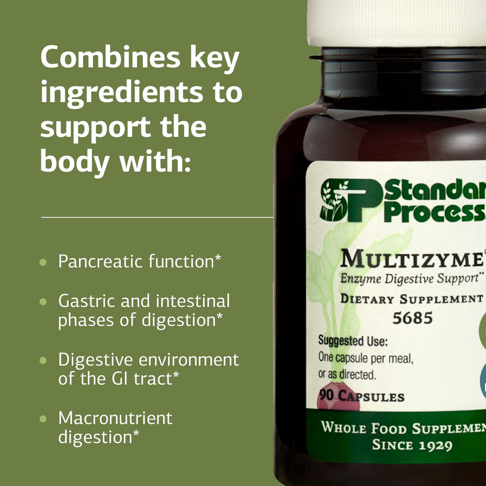 Standard Process Multizyme packaging box displays branding and enzyme benefits.