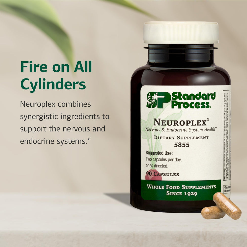 Neuroplex label close-up emphasizing whole-food ingredients for endocrine support