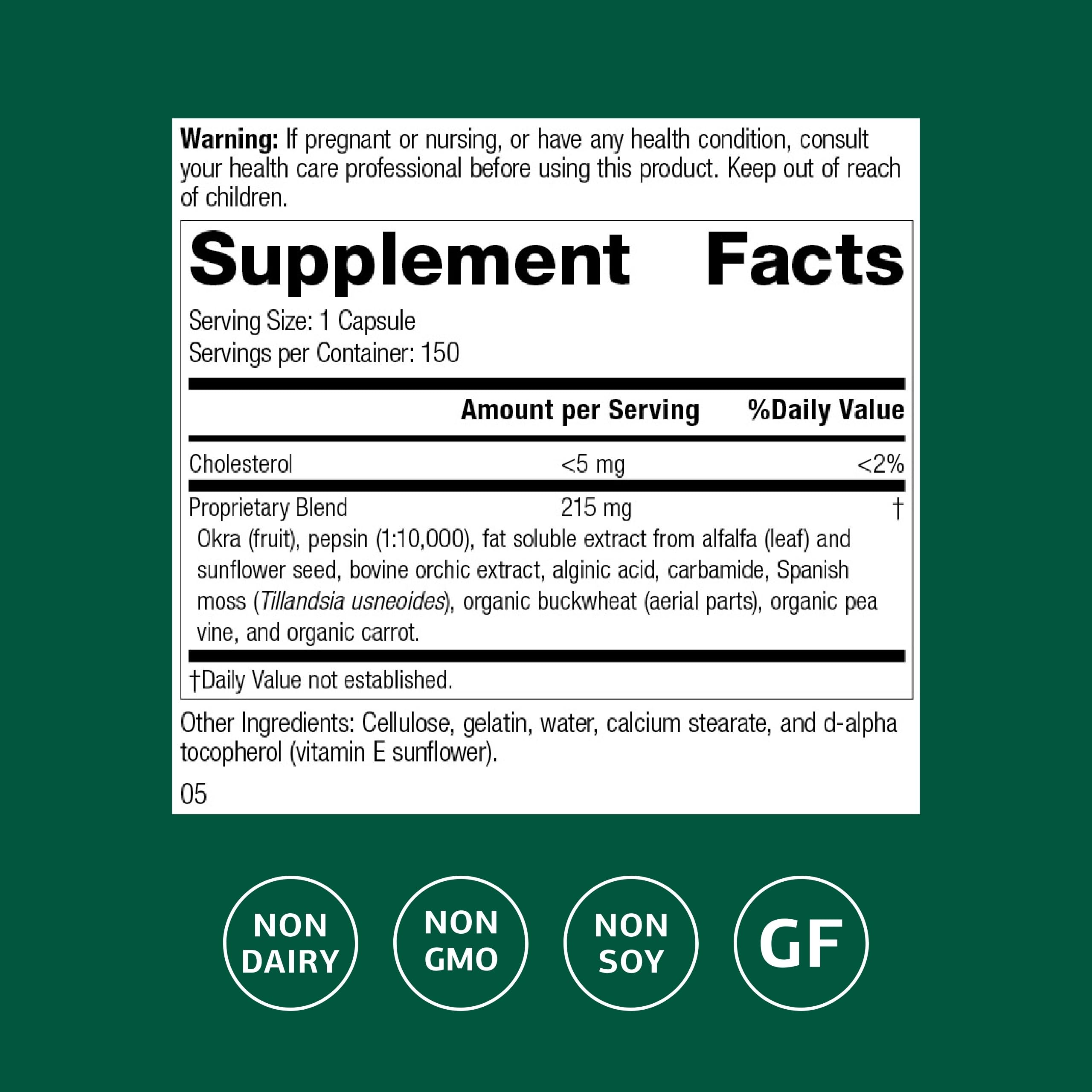 Close-up of Okra Pepsin E3 label highlighting gluten-free, dairy-free, and soy-free standards