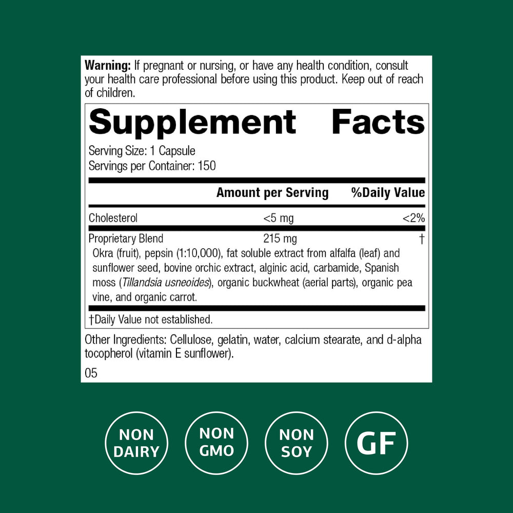 Close-up of Okra Pepsin E3 label highlighting gluten-free, dairy-free, and soy-free standards