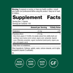 Close-up of Okra Pepsin E3 label highlighting gluten-free, dairy-free, and soy-free standards