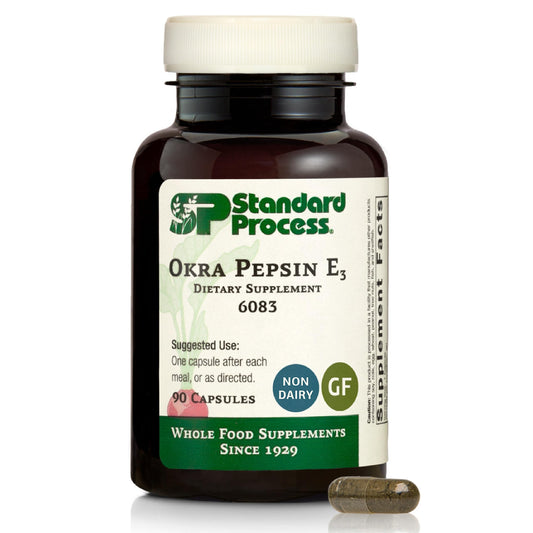 Standard Process Okra Pepsin E3 bottle promotes balanced digestion and protein digestion support