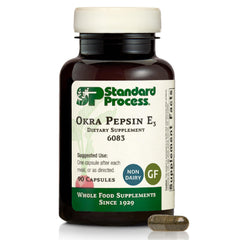 Standard Process Okra Pepsin E3 bottle promotes balanced digestion and protein digestion support