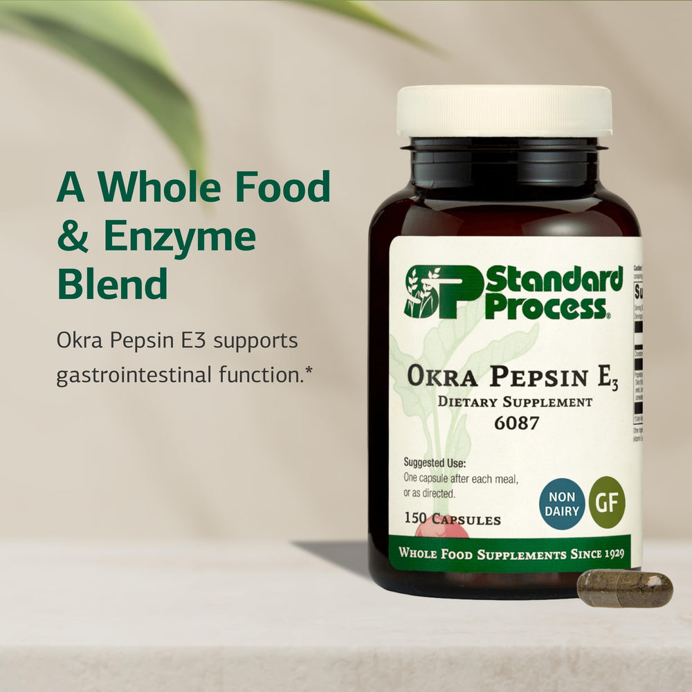 Okra Pepsin E3 powder scoop shows natural okra-based enzyme support