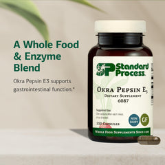 Okra Pepsin E3 powder scoop shows natural okra-based enzyme support
