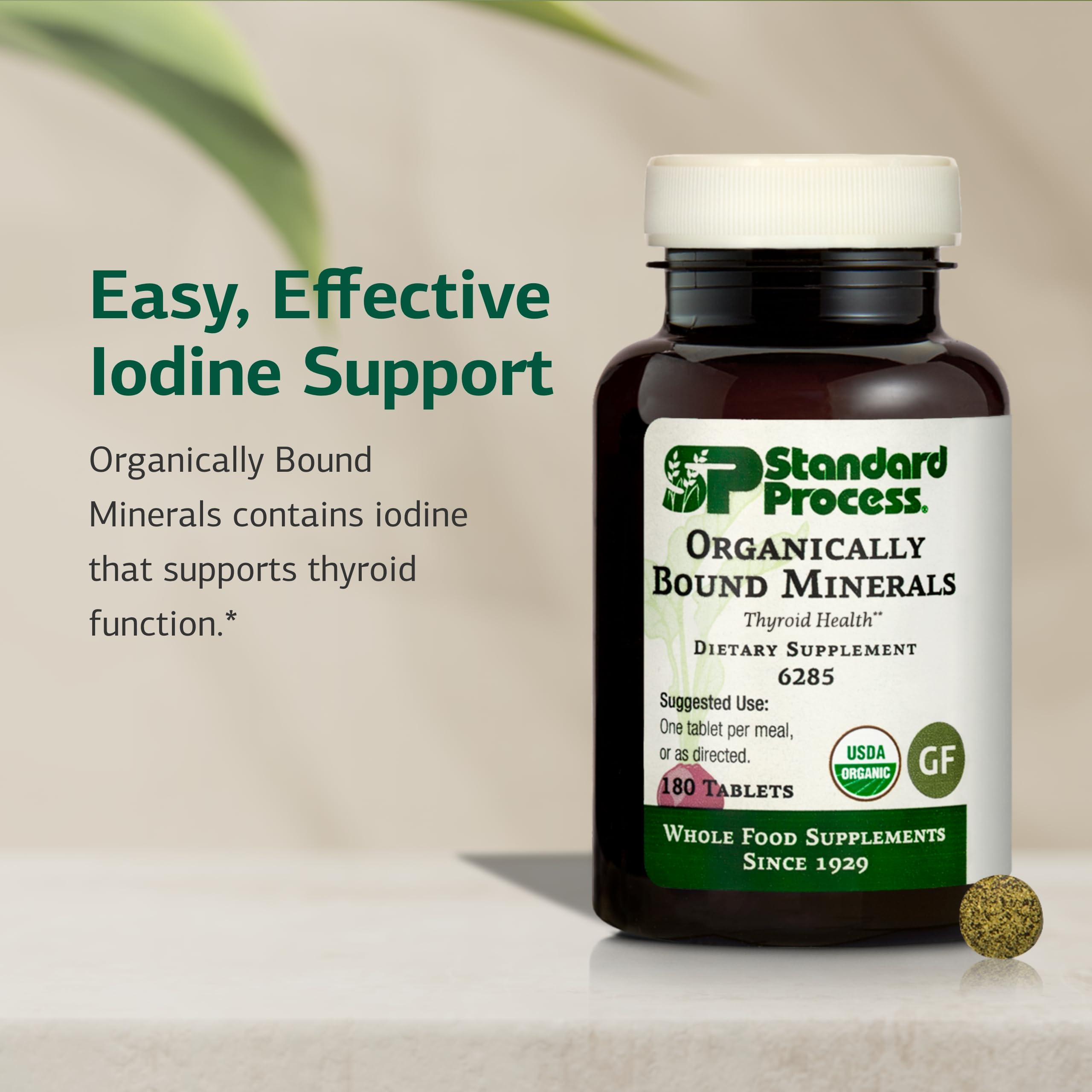 Standard Process Organically Bound Minerals kelp-iodine source showcases natural iodine from sea greens.
