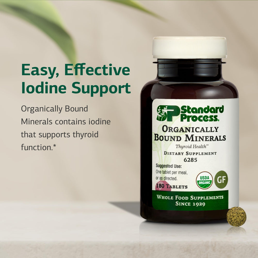 Standard Process Organically Bound Minerals kelp-iodine source showcases natural iodine from sea greens.