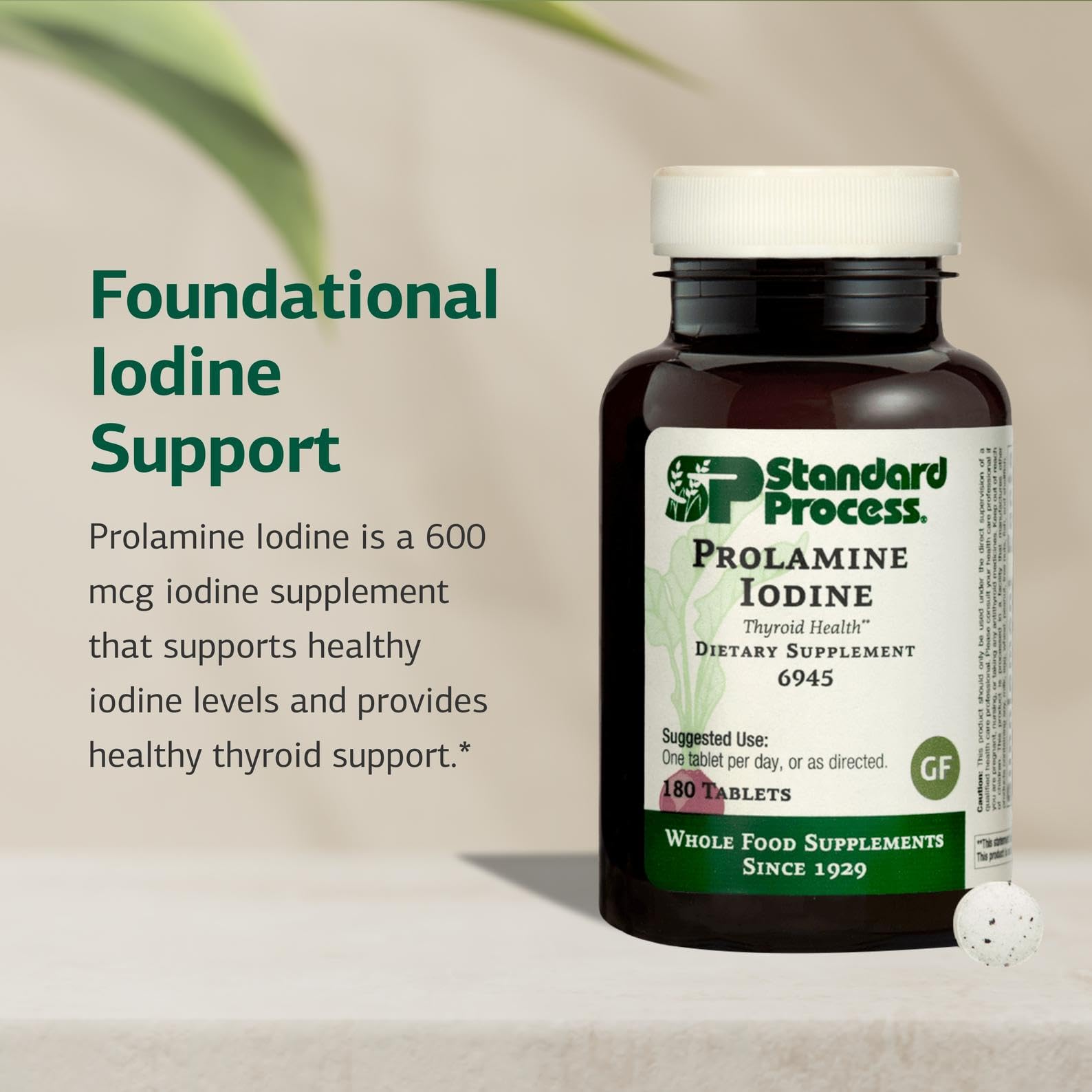 Label close-up of Prolamine Iodine highlights vegan attributes.