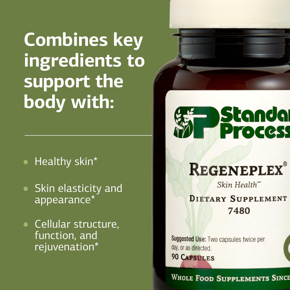 Standard Process Regeneplex bottle on counter suggesting daily skin routine