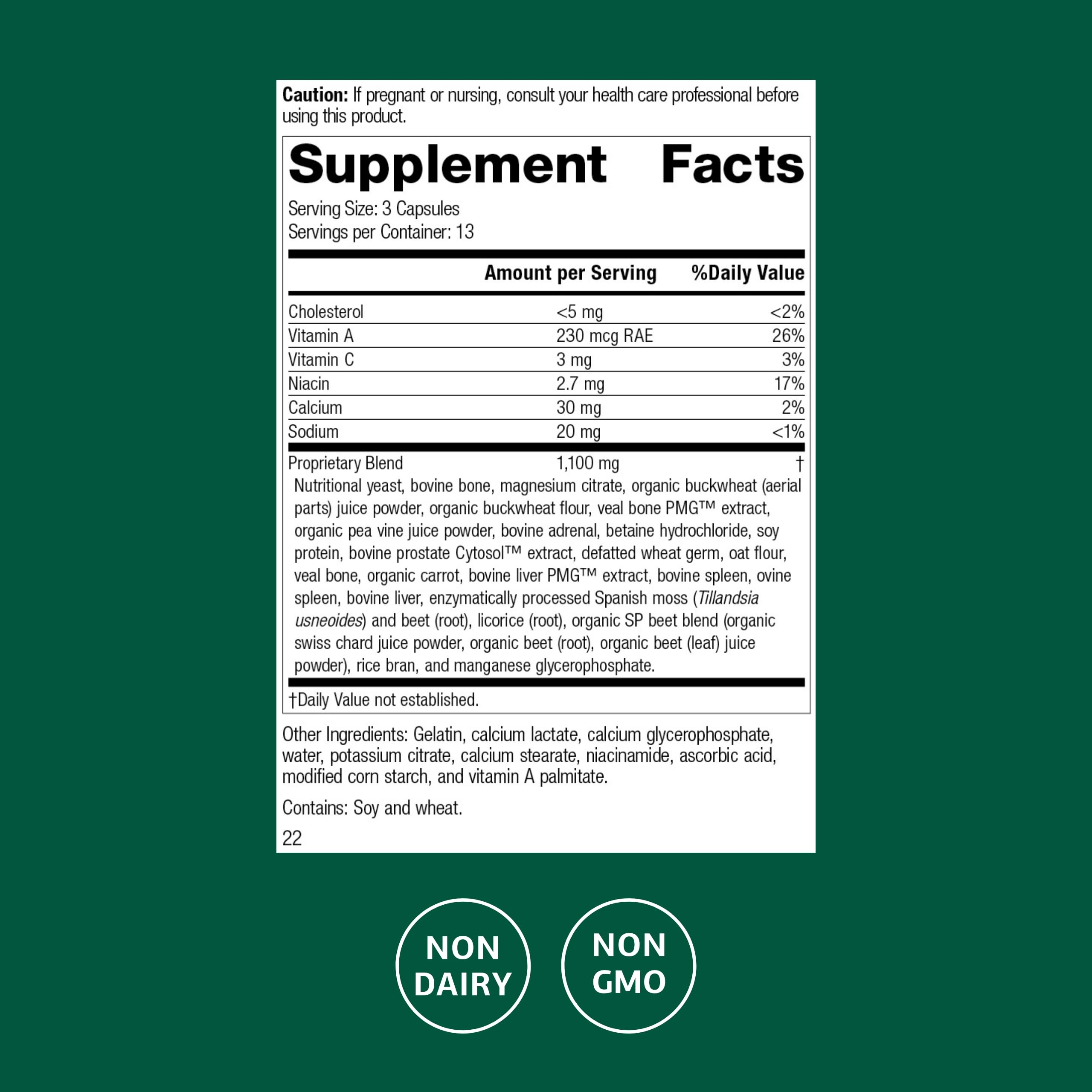 Standard Process Rumaplex bottle label close-up highlights ingredients and benefits.