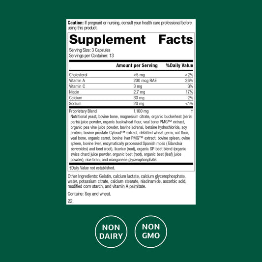 Standard Process Rumaplex bottle label close-up highlights ingredients and benefits.