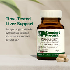 Standard Process Rumaplex capsules close-up emphasizes daily dosage guidance.