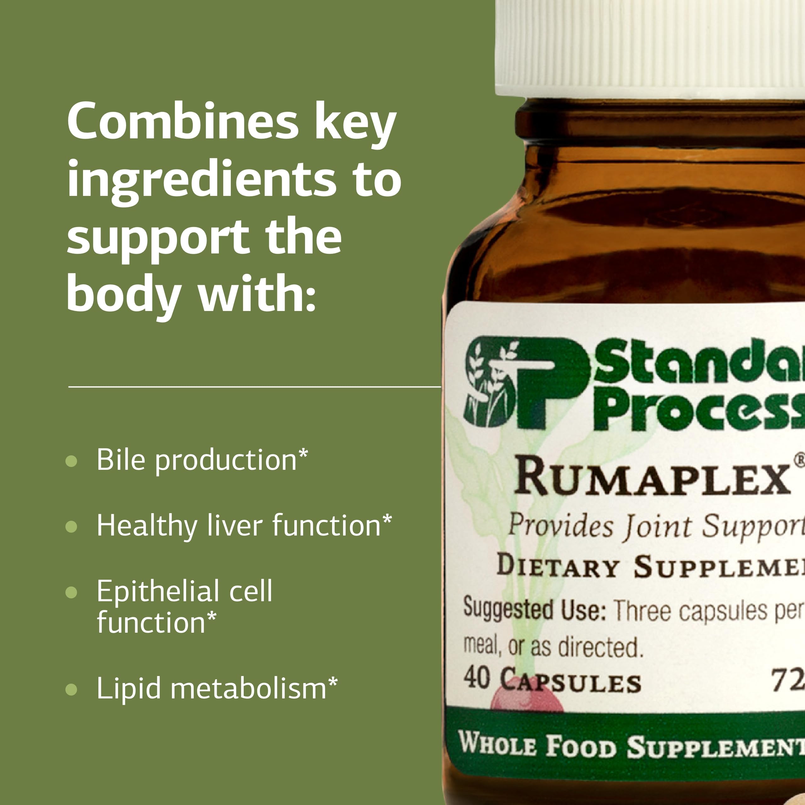 Standard Process Rumaplex meals dosage guidance shown as three capsules.