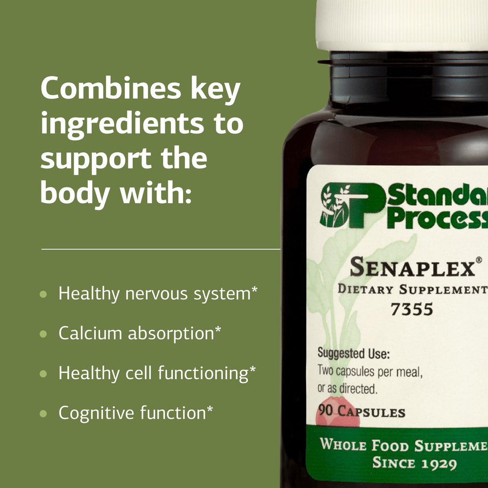 Senaplex nutrition chart highlighting niacin and B12 content for daily nutrition.